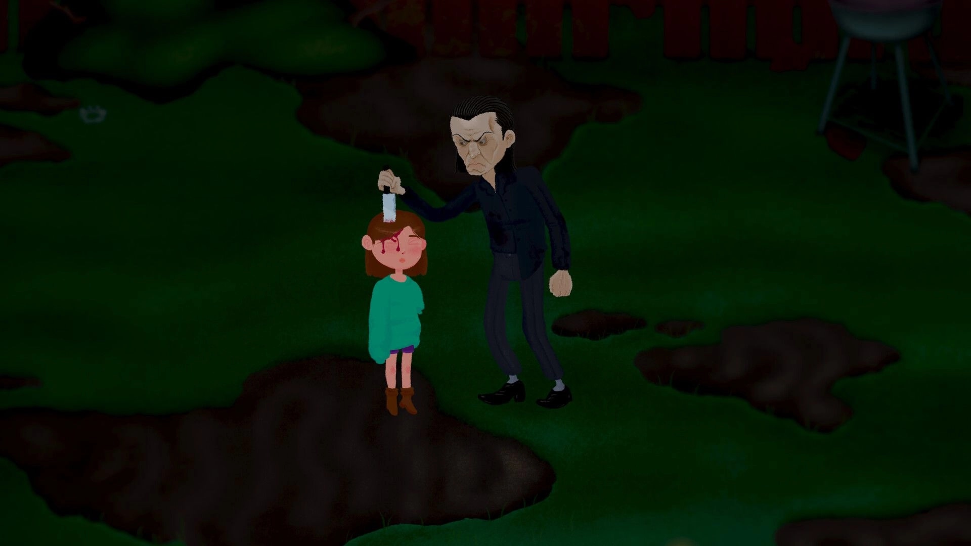 House 2: Man holding paper above young girl in dark, ominous garden setting