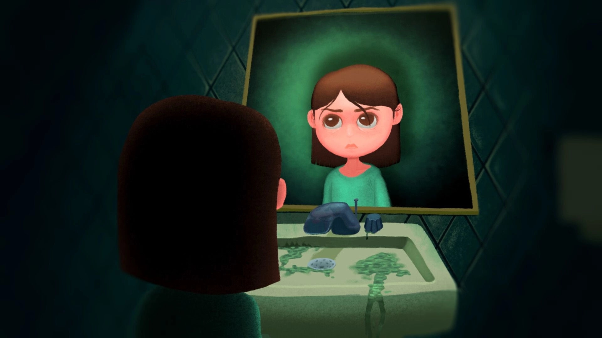 House 2: Girl stares at her reflection in a dimly lit bathroom with murky water in the sink