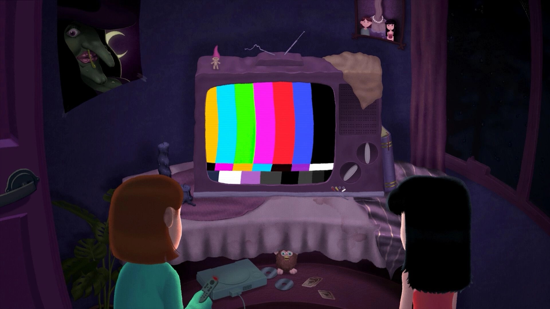 House 2: Two girls watch a static-filled TV in a dimly lit room with eerie decorations and rain outside.