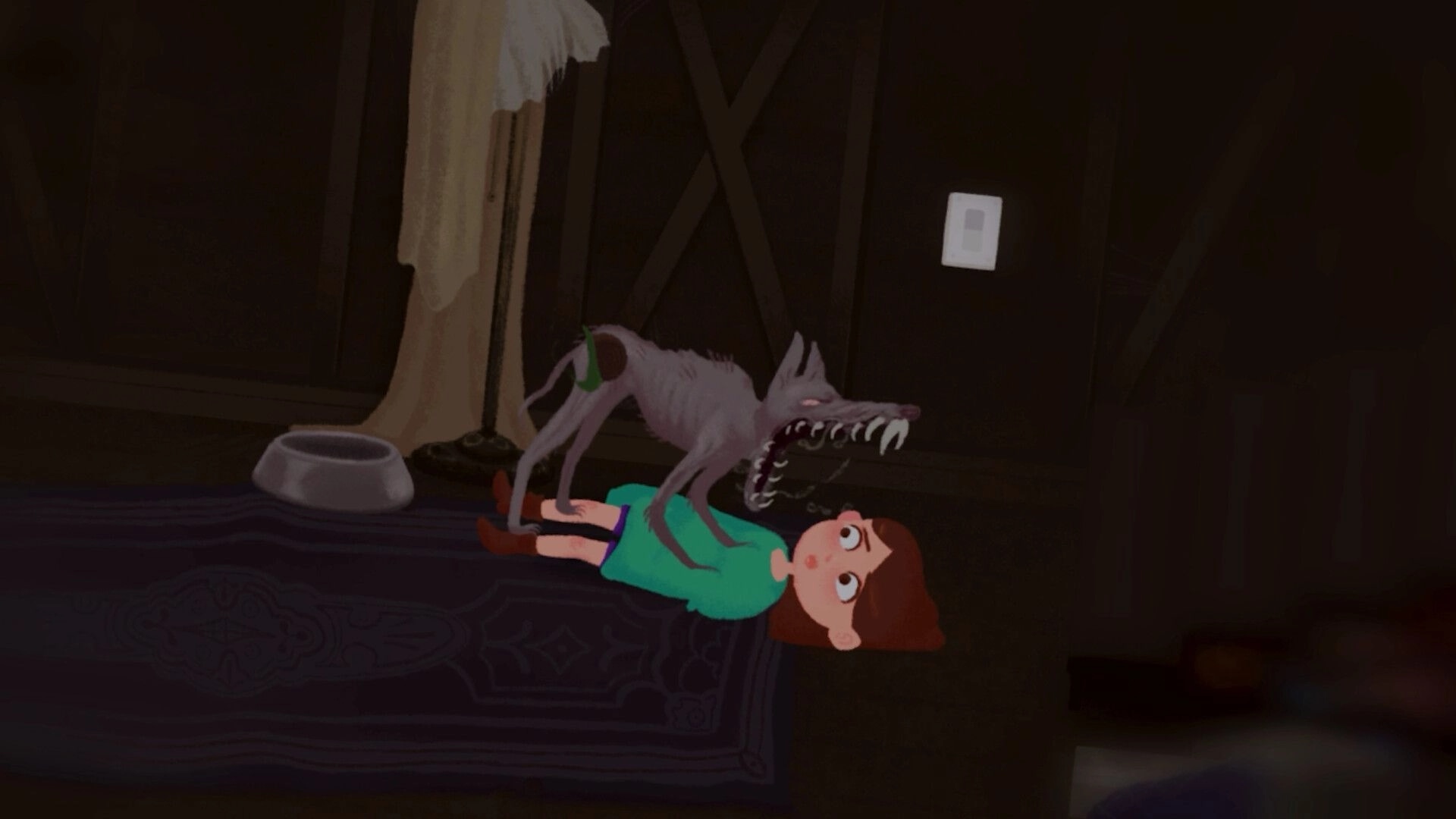 House 2: Young girl lies on floor as a menacing creature looms over her in a dimly lit room.