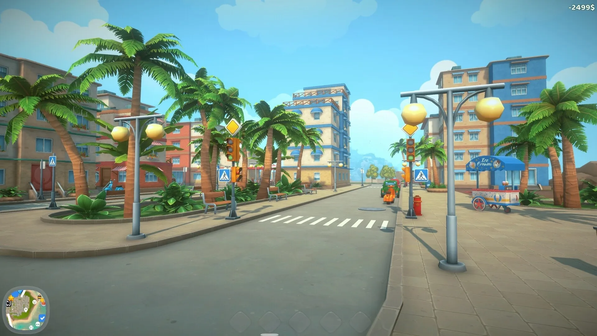 House Builder 2: Vibrant street scene with palm trees, buildings, and an ice cream cart in the city.