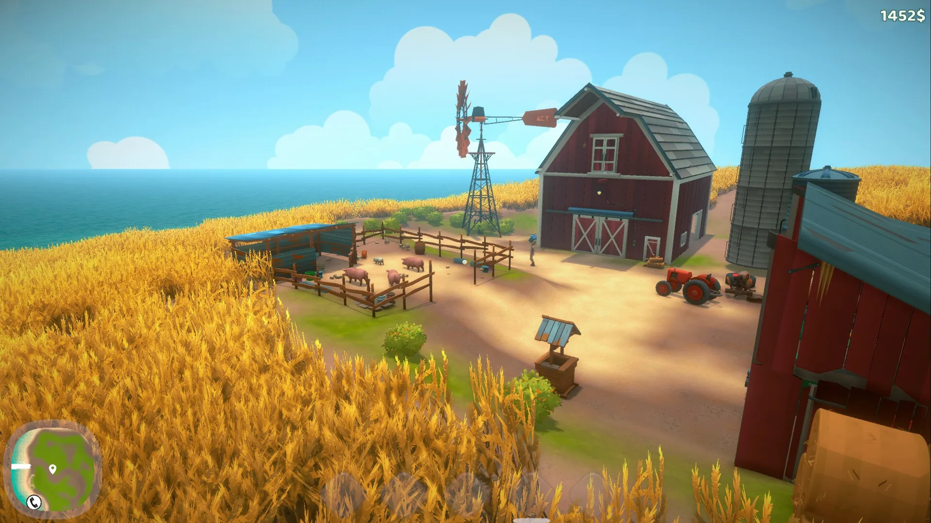 House Builder 2: Farm setting with barn, windmill, tractor, silo, and fenced pig pen near the ocean.