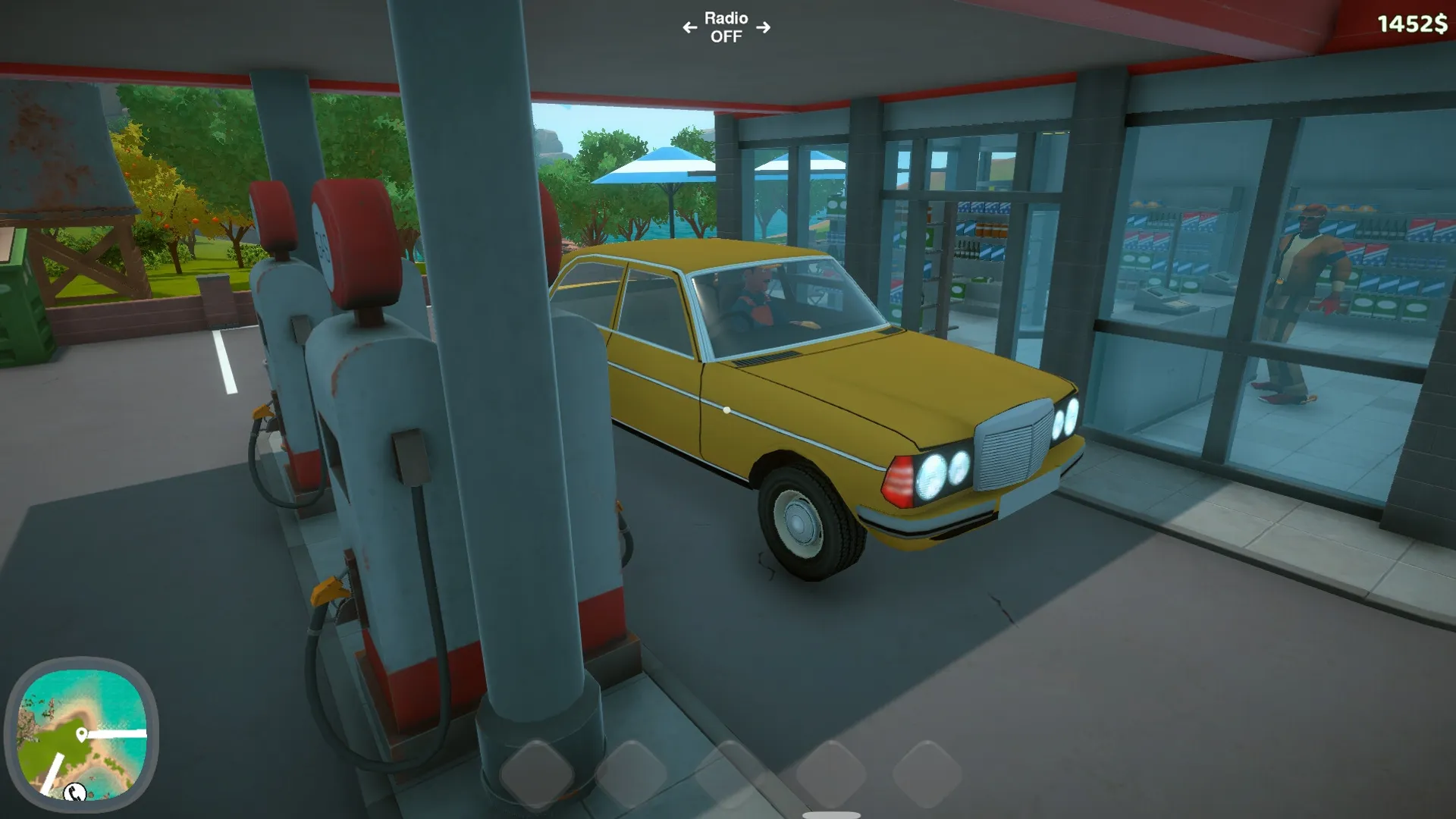 House Builder 2: Yellow car refueling at a gas station with a store visible through glass windows