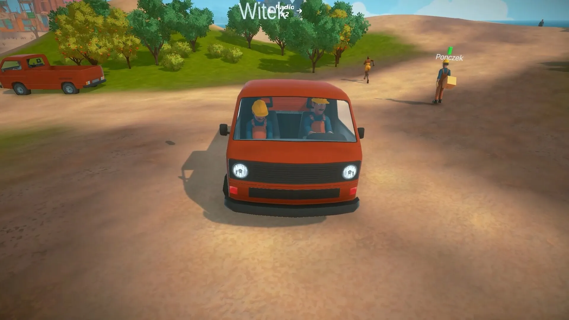 House Builder 2: Two characters in a red van driving through a sunny, tree-lined construction area.