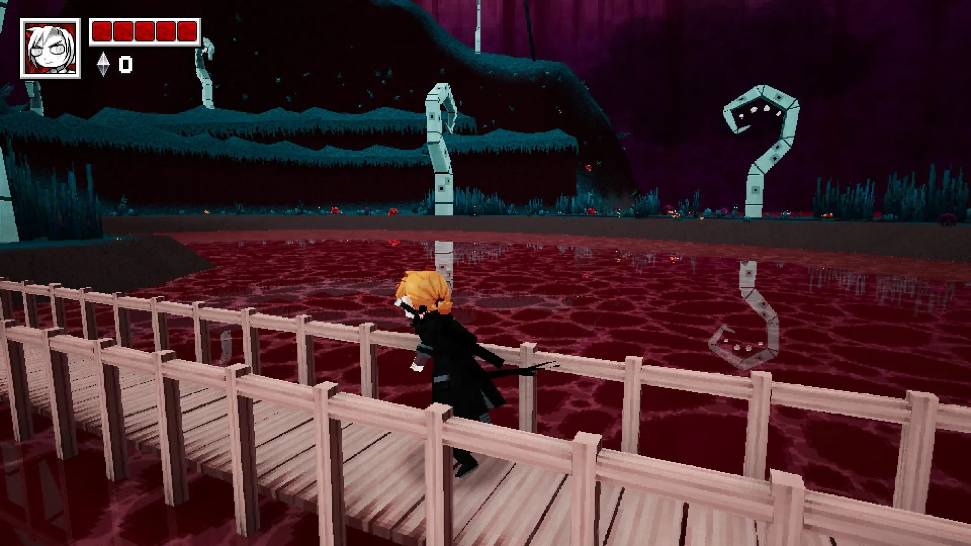 House Of Decay: Character runs across wooden bridge over red water in eerie, demon-infested landscape