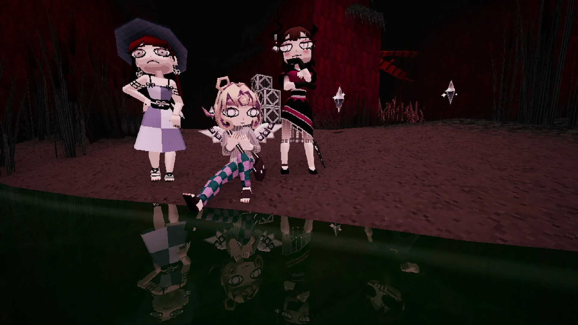 House Of Decay: Three characters stand near a dark green pond in a pixelated, eerie forest environment.