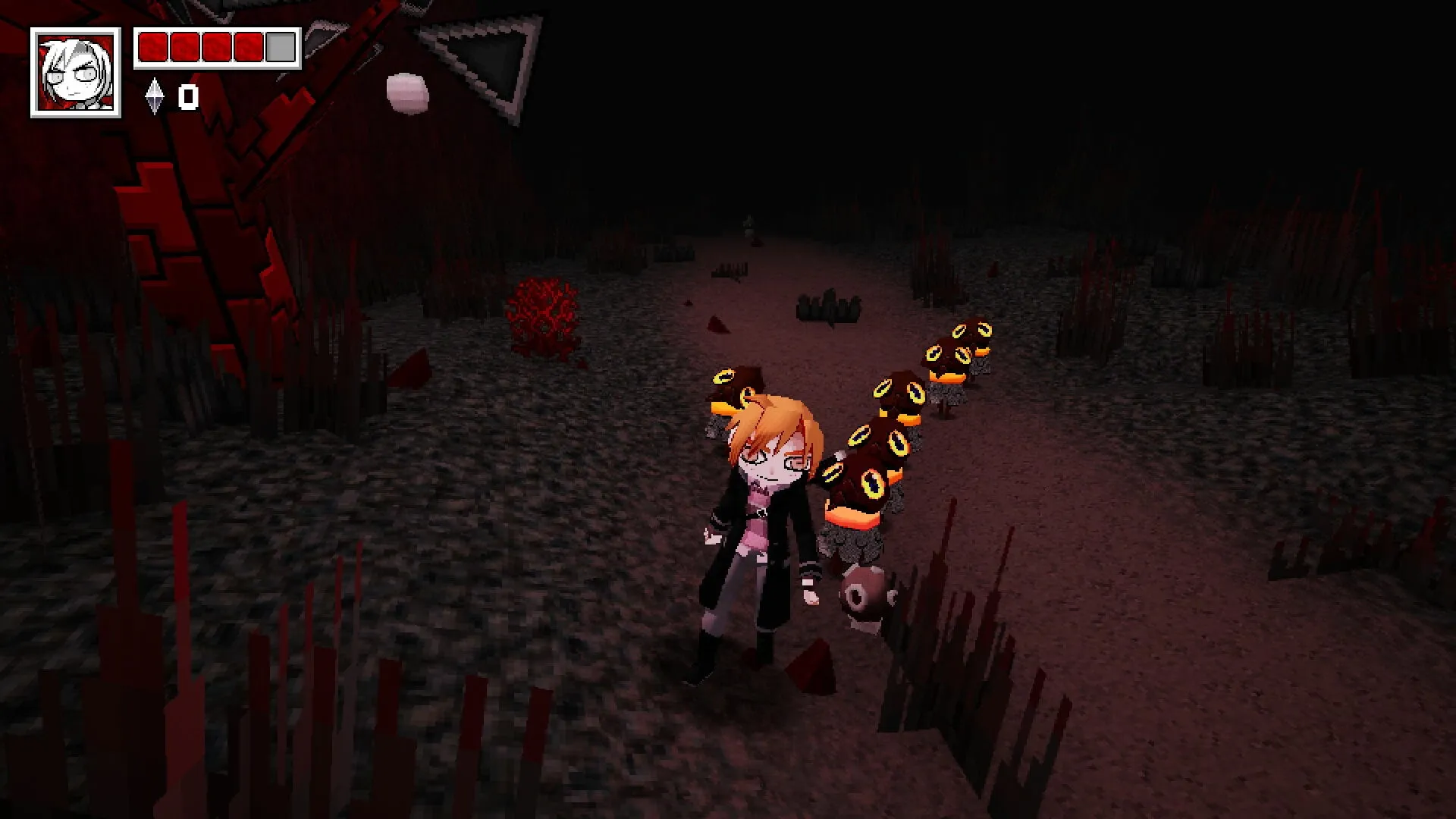 House Of Decay: Character with orange hair and followers in a dark, eerie, red-tinted forest path.
