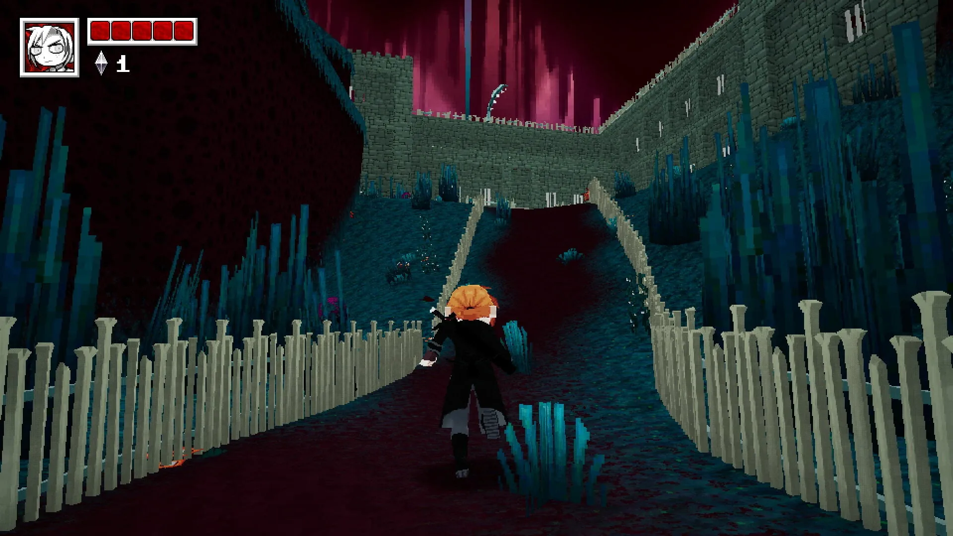 House Of Decay: Player exploring eerie path with fences and blue plants in dark castle courtyard.
