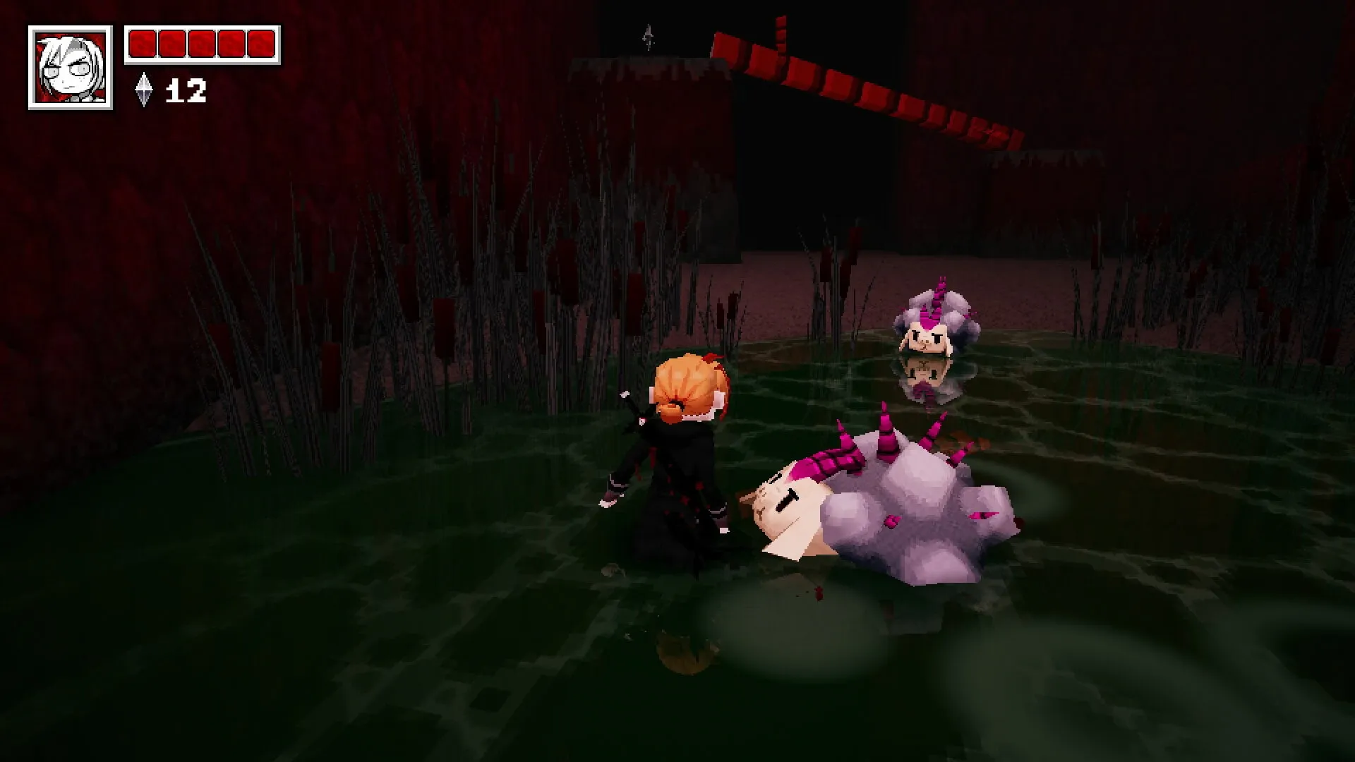 House Of Decay: Character wades through swampy area with spiky creatures, health and gems in UI.