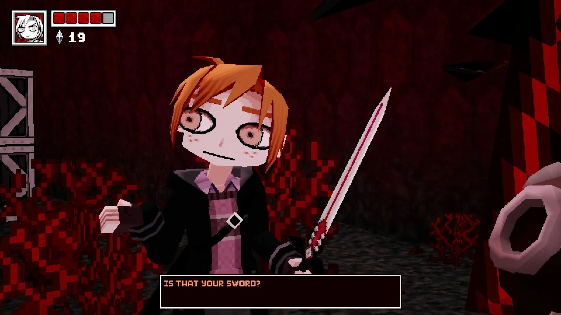 House Of Decay: Character with sword in dark dungeon, health bar and gem count shown in corner
