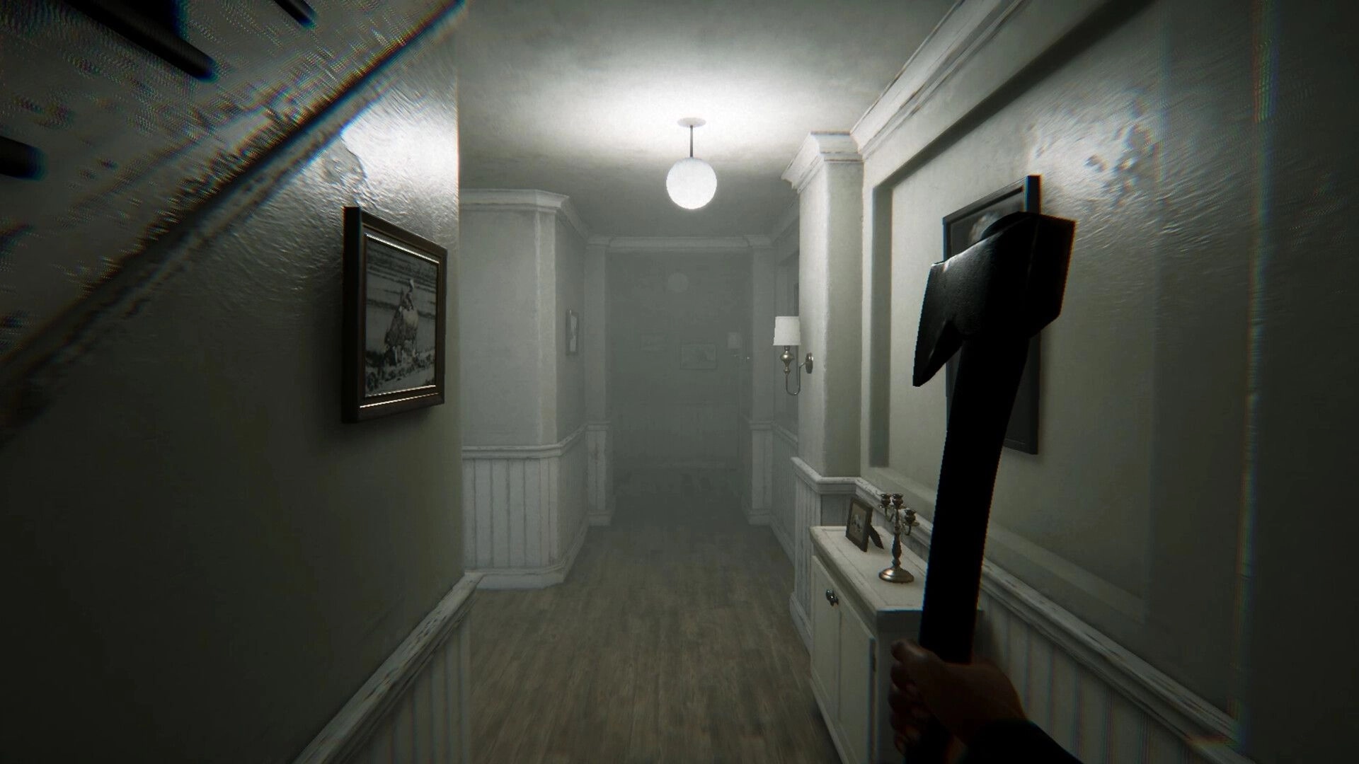 House of Empty Names: First-person view holding axe in dimly lit hallway with eerie atmosphere