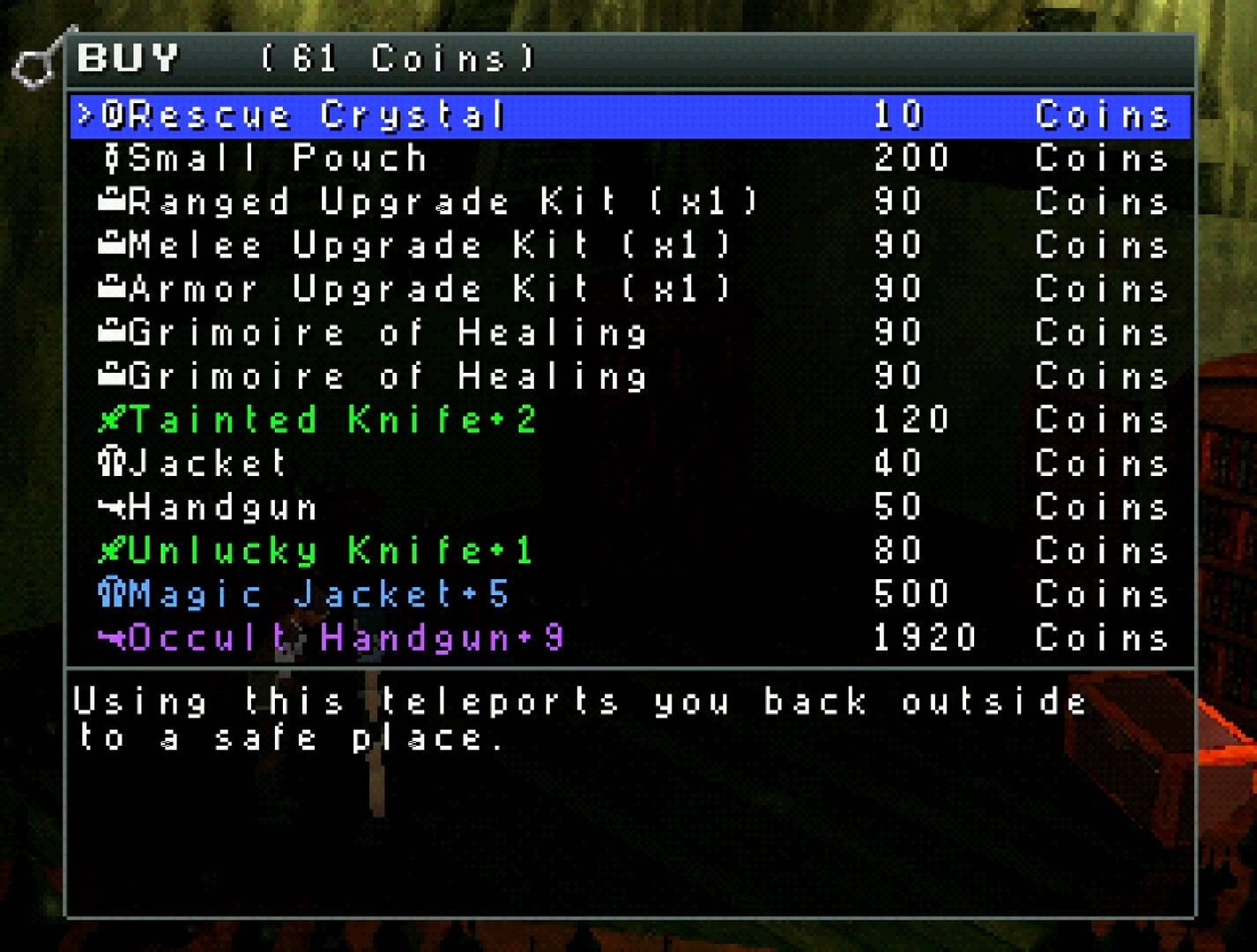 House of Necrosis: Inventory shop interface displaying items and prices in a dimly lit room.