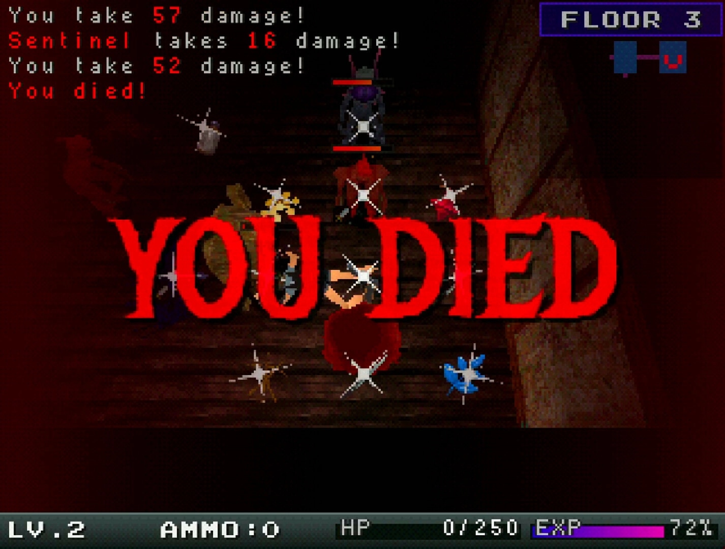 House of Necrosis: "You Died" screen with combat log and dungeon floor map on floor 3.