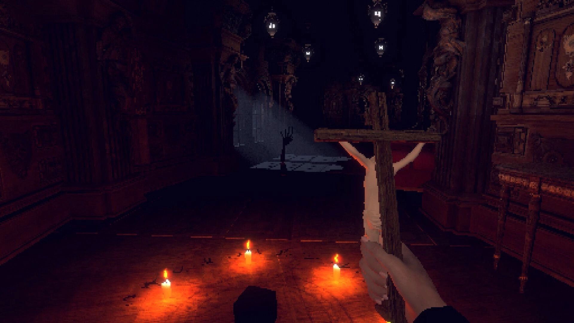 House of Saturn: First-person view holding a wooden cross in a dark chapel lit by floor candles.