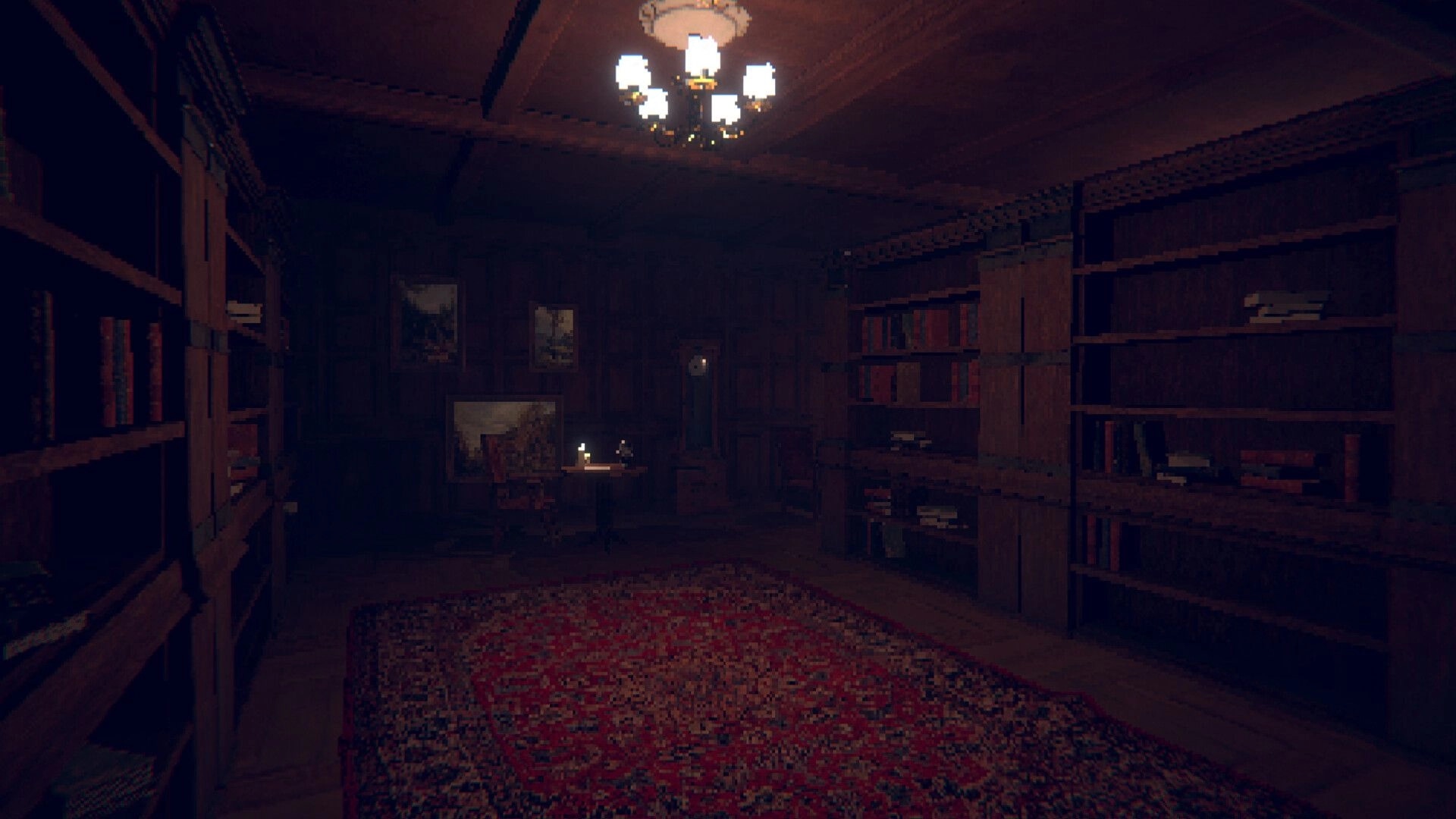 House of Saturn: First-person view of dim library with bookshelves, desk lamp, and chandelier glow.