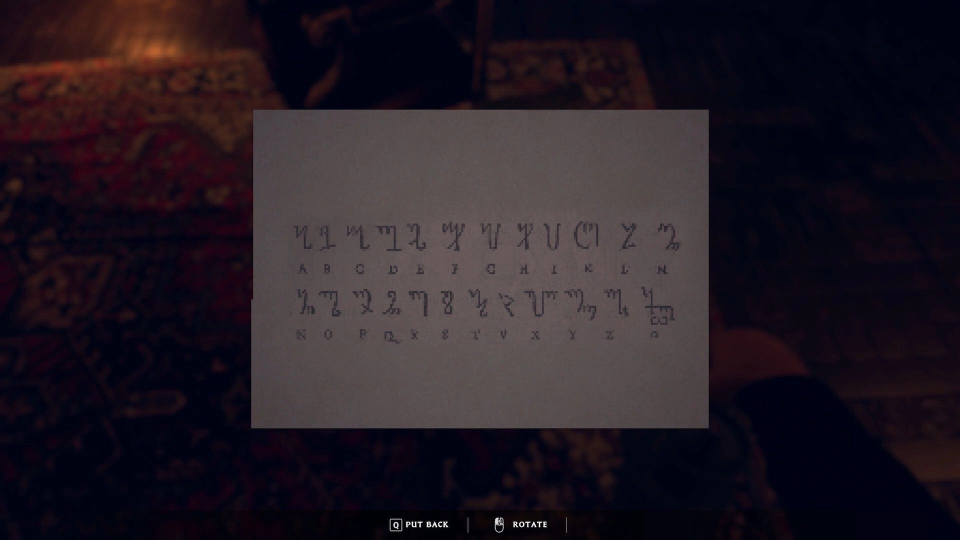 House of Saturn: Close-up inspection of a cipher note with symbol alphabet overlay in dim room UI prompts.