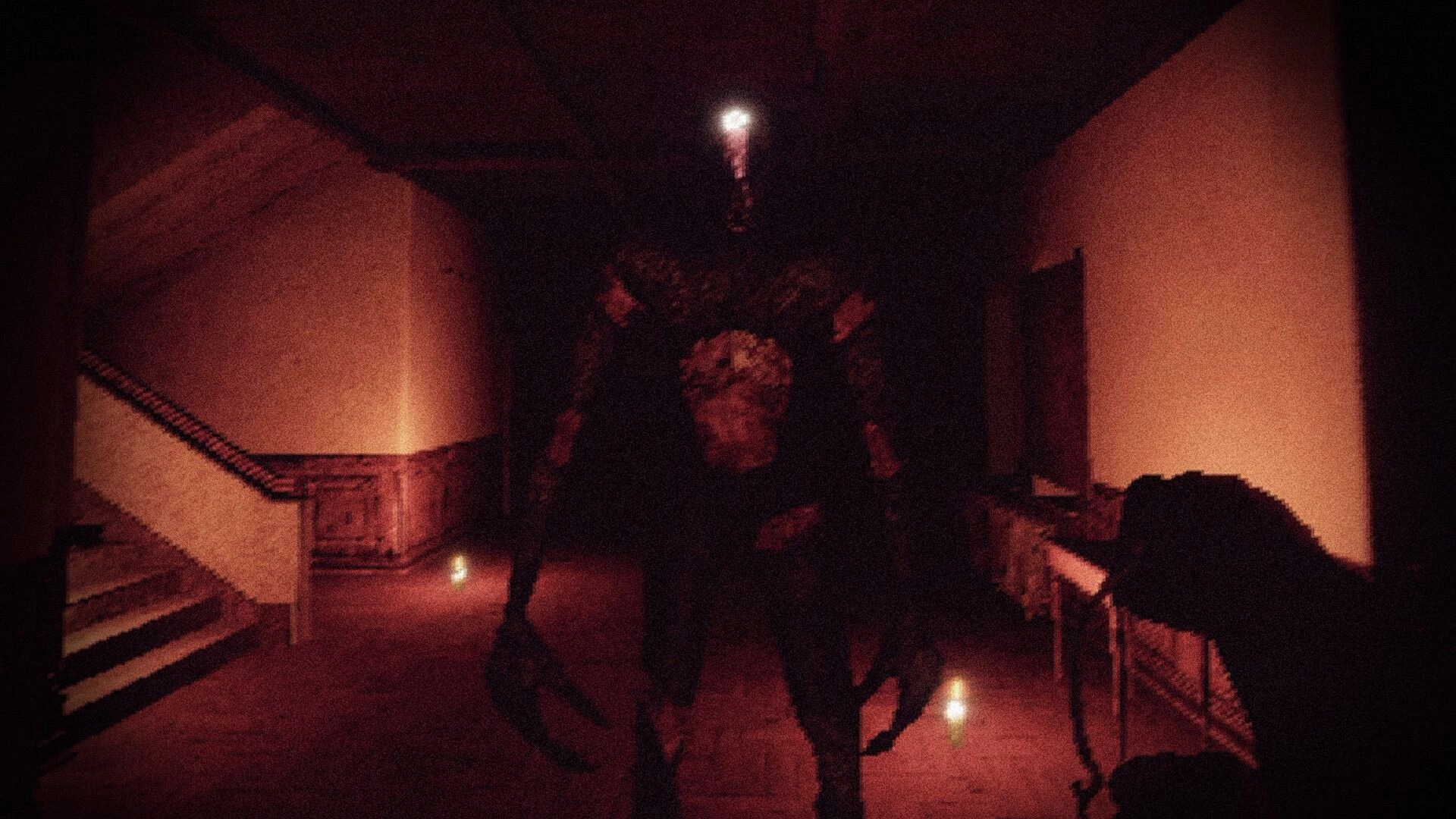 House of Saturn: Shadowy demon with long limbs in candlelit hallway by stairs and railing at night.