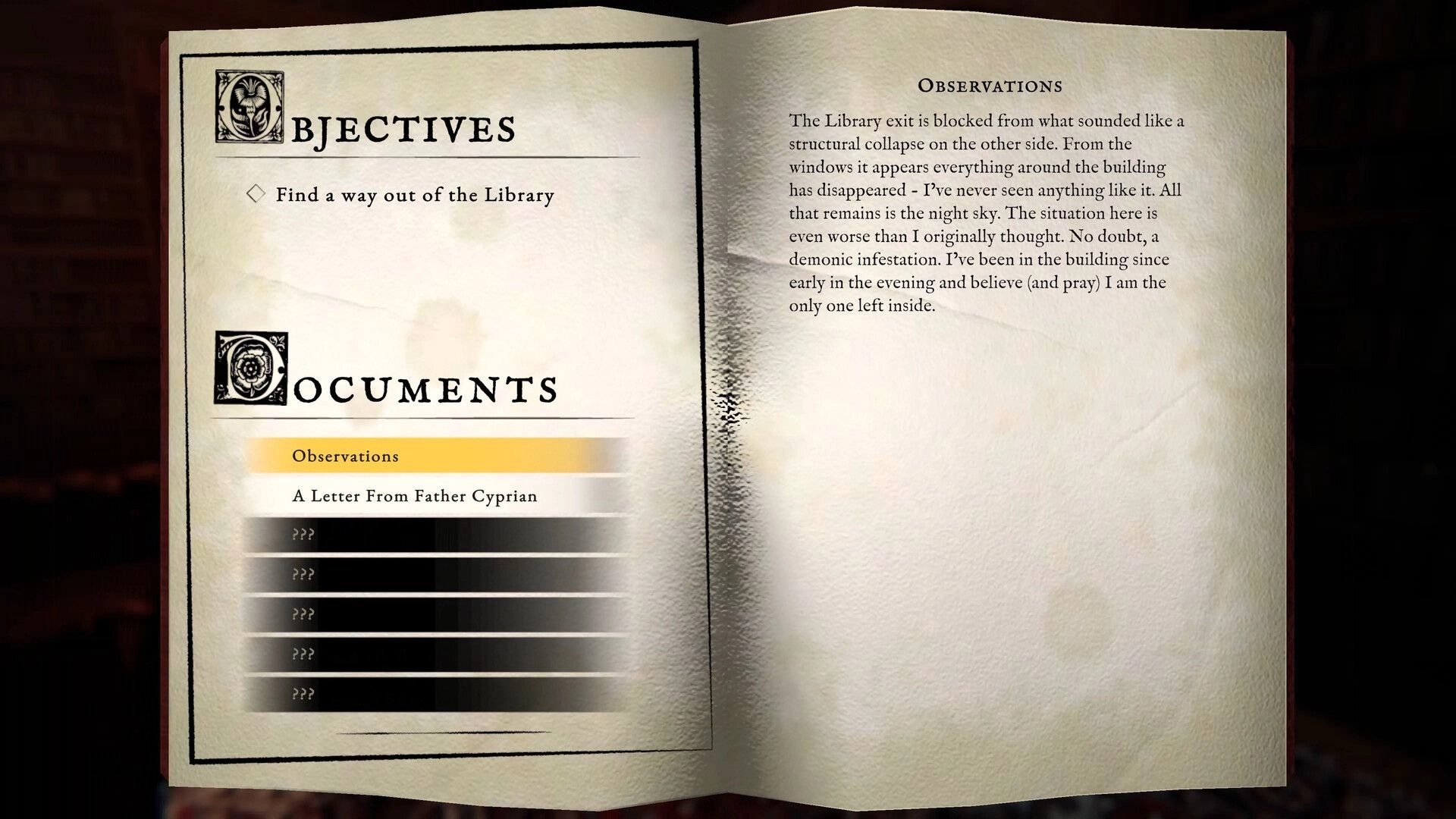 House of Saturn: Journal menu with objectives and documents list, reading Observations in a book UI.