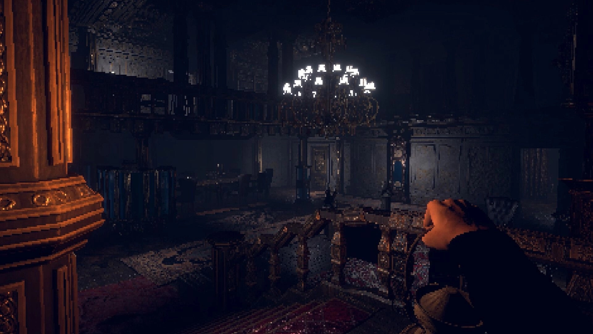 House of Saturn: First-person view with clenched fists in a dusty library hall under a chandelier.