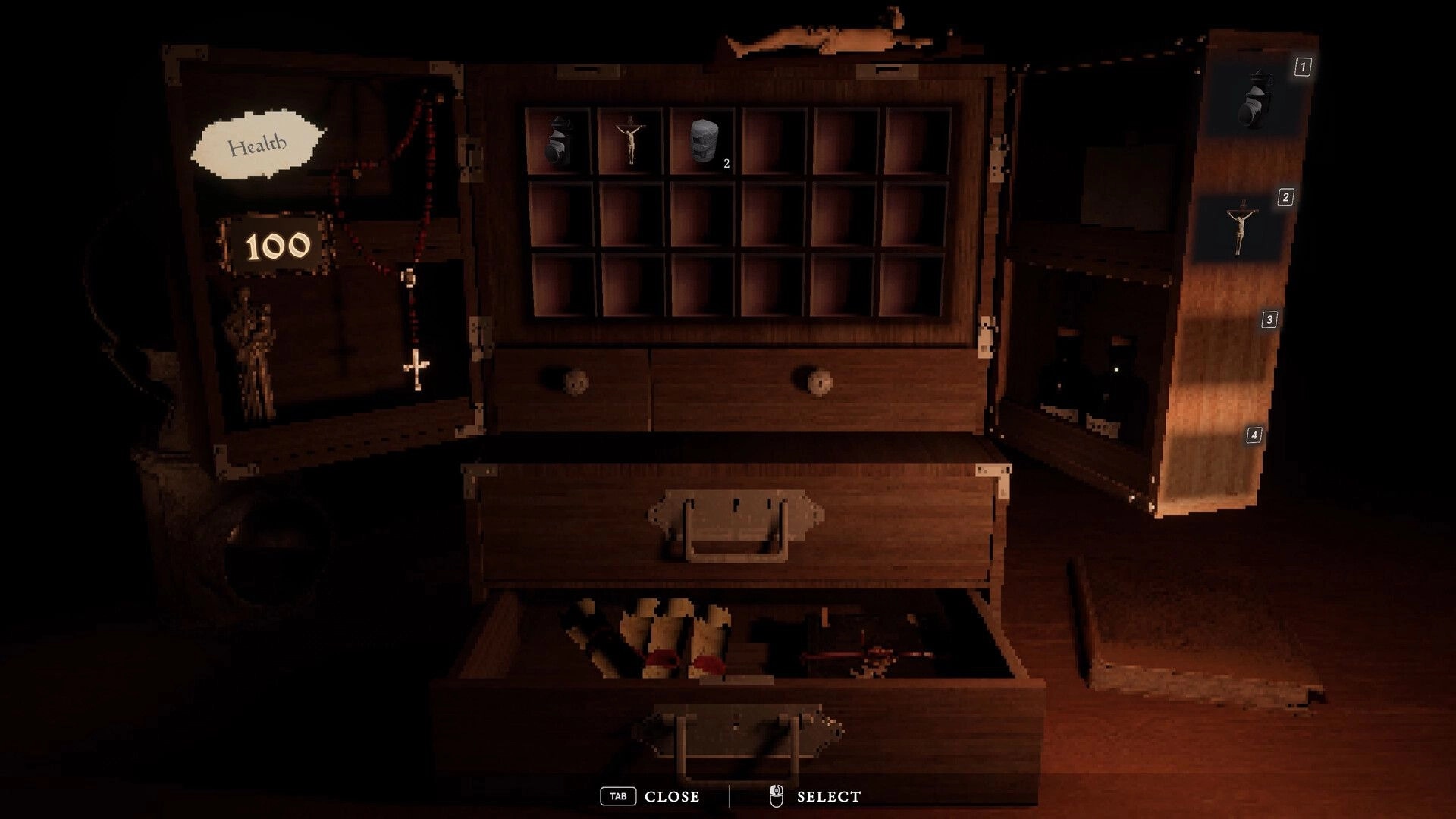 House of Saturn: Inventory chest UI with health 100 and crucifix items in a dim wooden room.