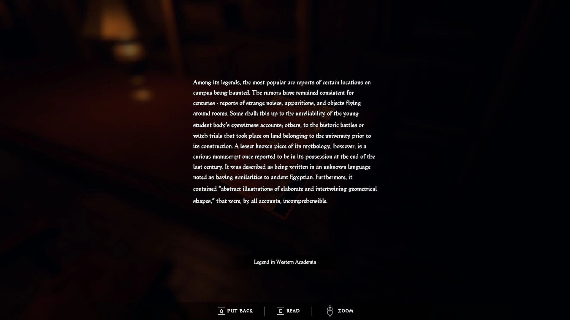 House of Saturn: Reading a lore page with Put Back, Read, and Zoom prompts over a dark library backdrop.