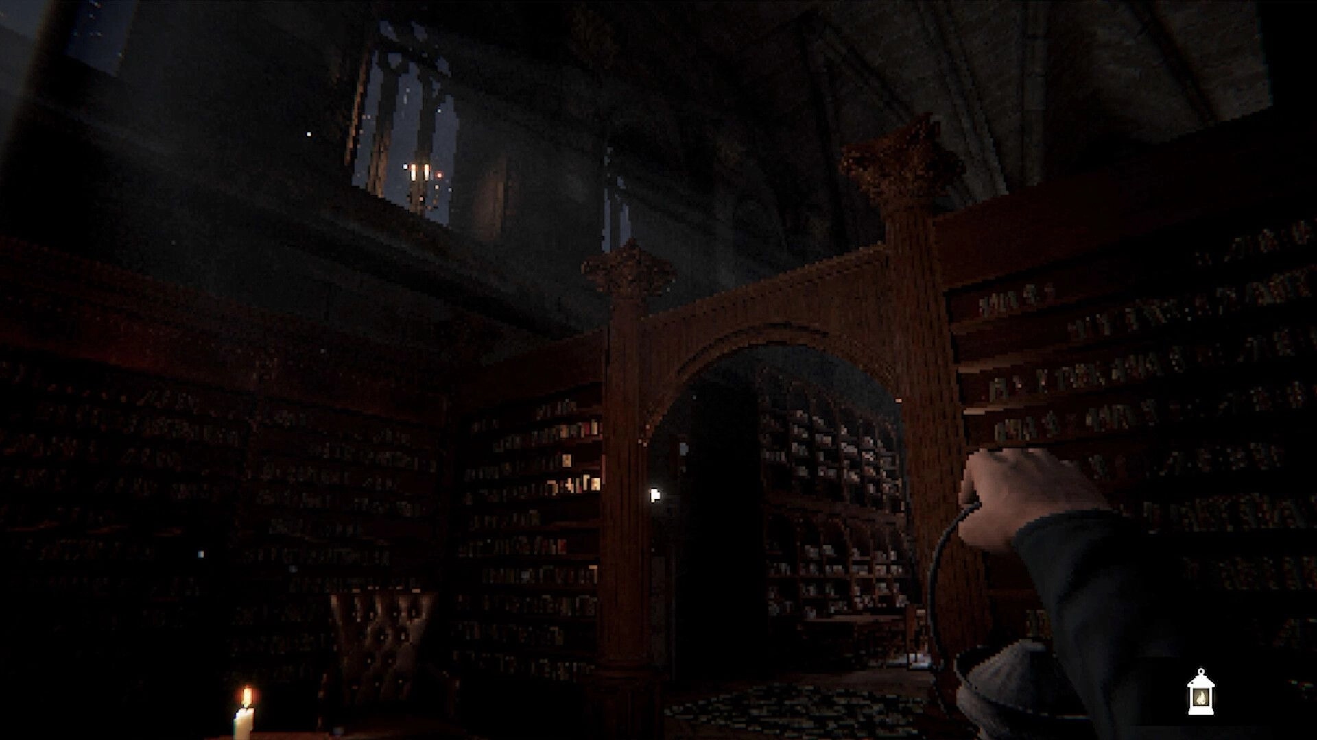 House of Saturn: First-person view holding a lantern in a shadowy library with towering shelves and archway.