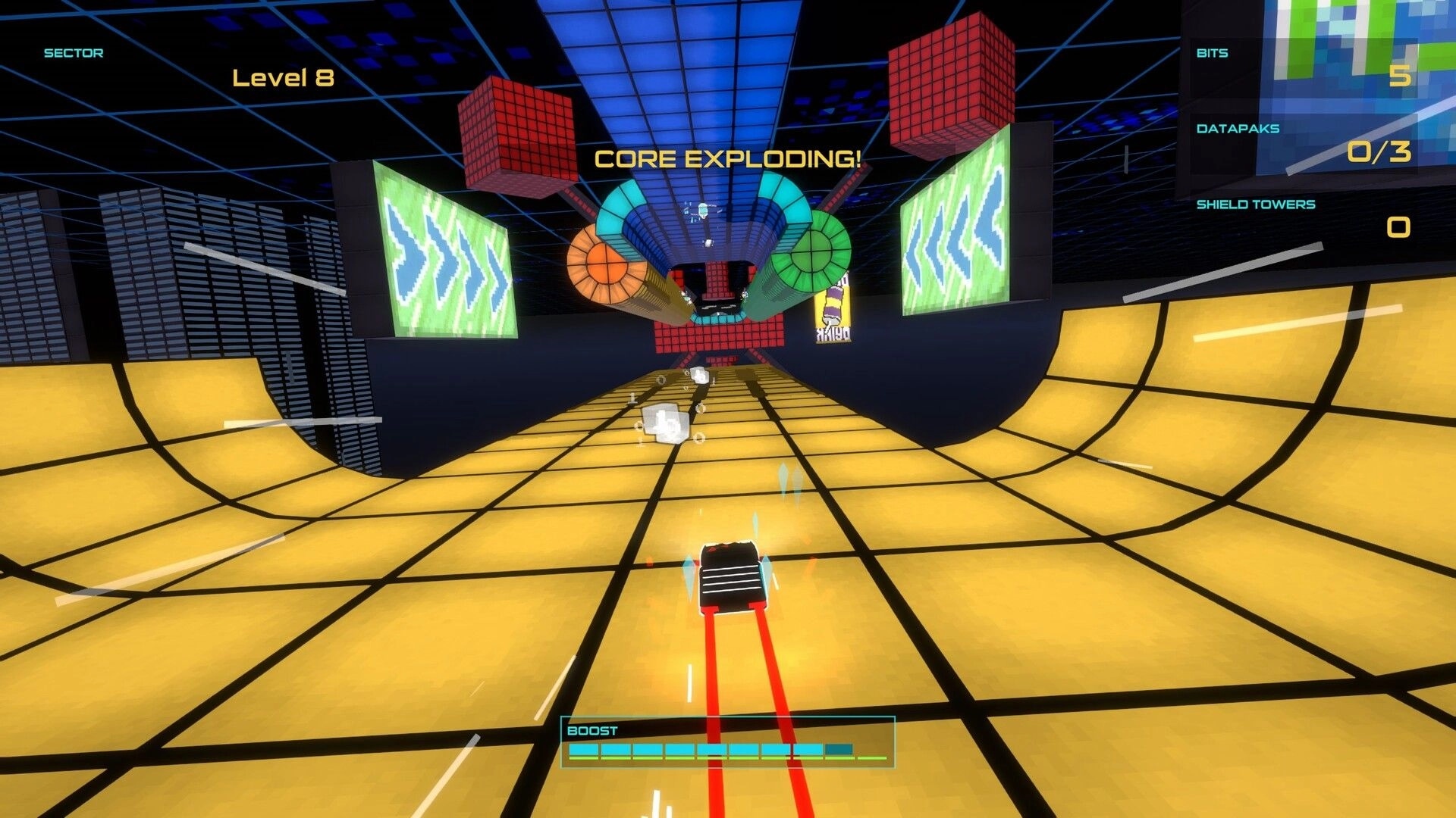 HOVERDRIVE: Racing towards The Core with obstacles and boost indicators in a futuristic tunnel setting