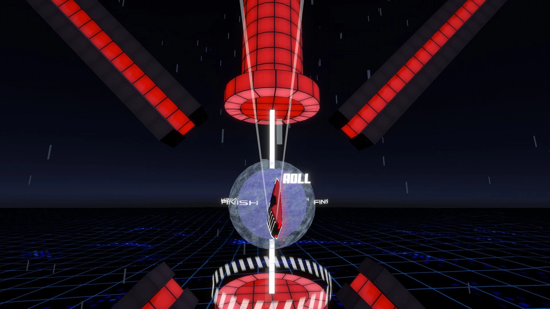 HOVERDRIVE: Vehicle navigating through neon-lit vertical obstacles in a futuristic grid environment