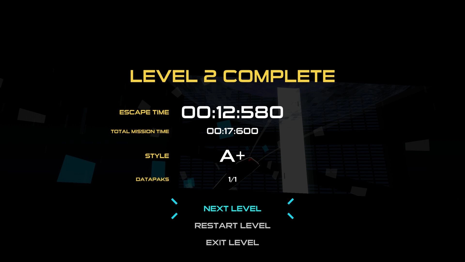 HOVERDRIVE: Level 2 complete screen with escape time, mission time, style grade, and menu options