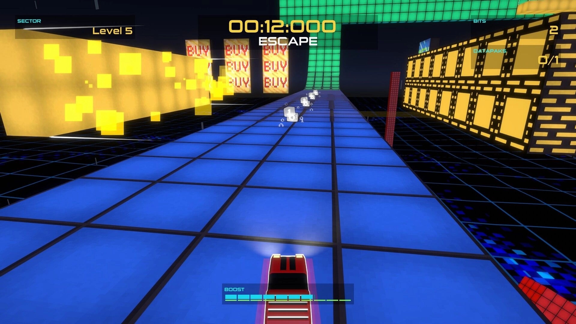 HOVERDRIVE: Racing on a neon blue grid track with a timer and level 5 displayed in a digital environment