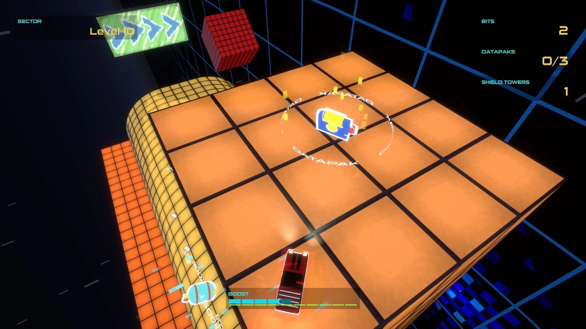 HOVERDRIVE: Car approaching a Datapak on a grid platform in a neon-lit level with UI elements visible