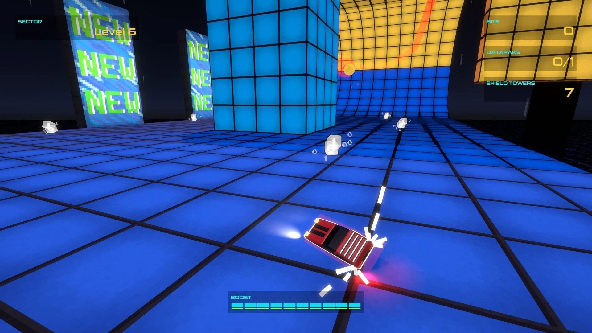 HOVERDRIVE: Red vehicle drifting on neon blue grid with boost bar and UI showing bits and datapaks