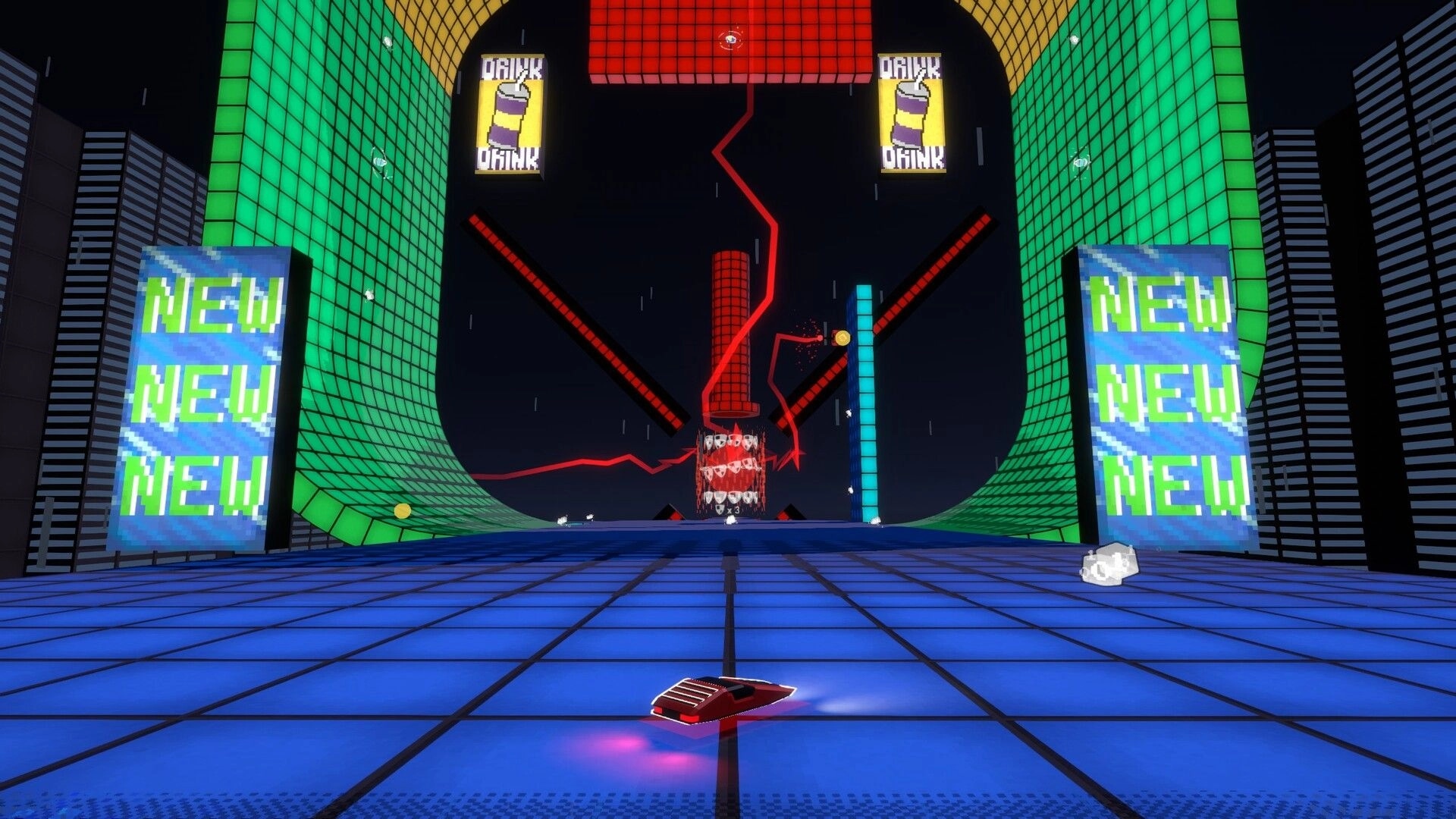 HOVERDRIVE: Red hovercar speeds toward neon-lit ramp with new and drink billboards in futuristic arena