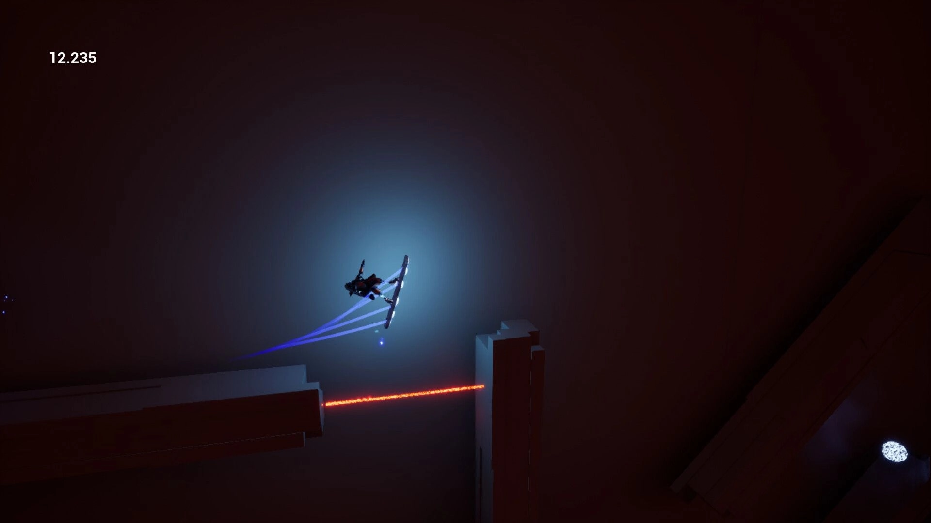 Hovertron: Hoverboarder flips midair over neon laser gap between tall platforms in dark arena, timer 12.235.