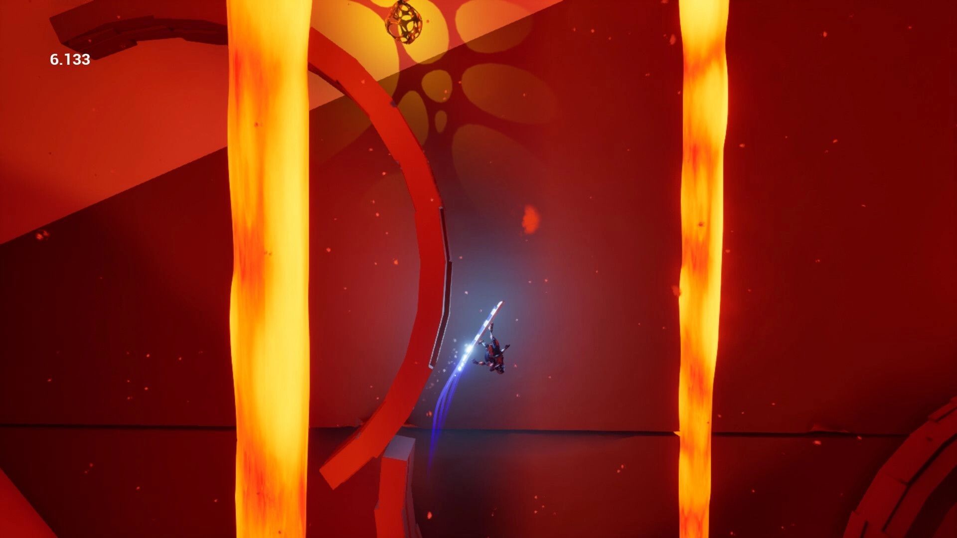 Hovertron: Hoverboarder flips through a red circular tunnel between glowing lava columns, timer 6.133.