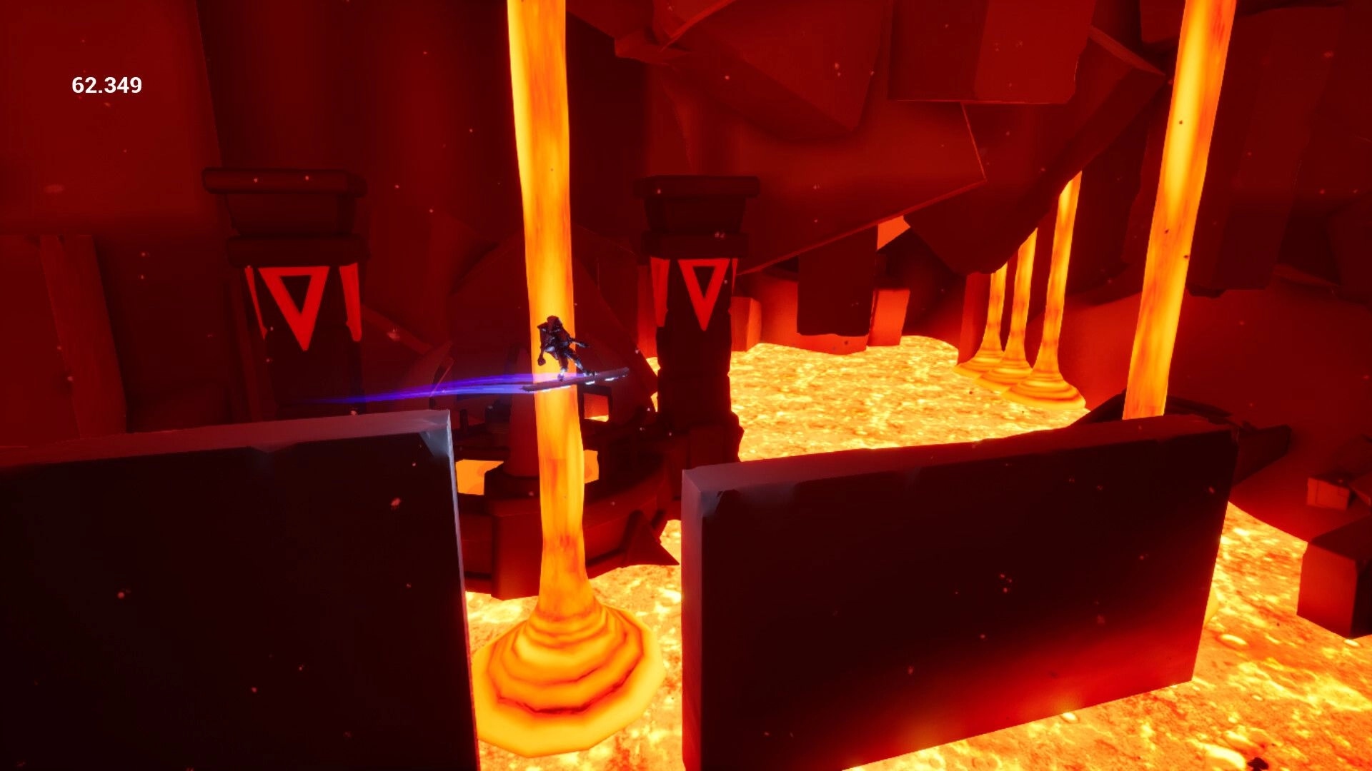 Hovertron: Rider grinds a rail over lava falls in a red cavern, score 62.349 at top left.
