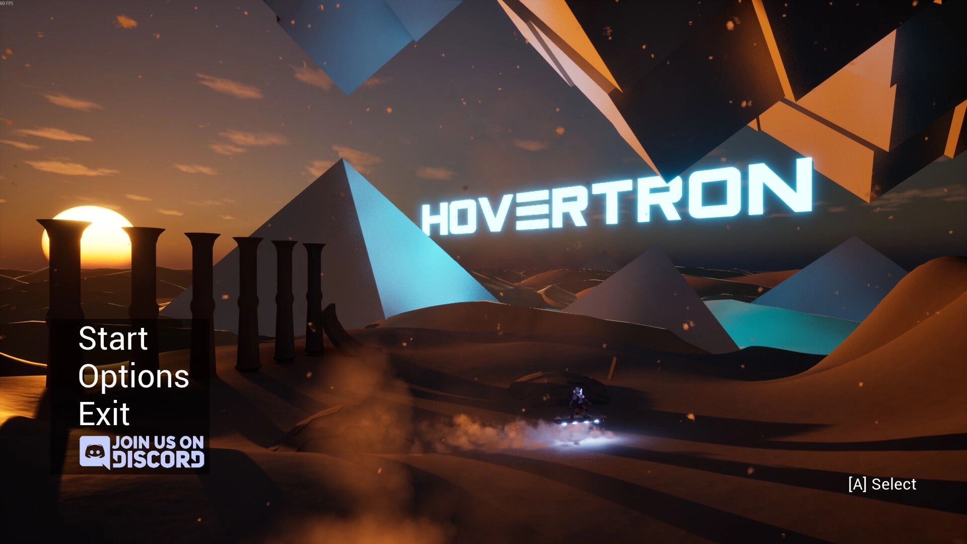 Hovertron: Main menu with Start, Options, Exit over desert dunes, pyramids, and neon title at sunset.