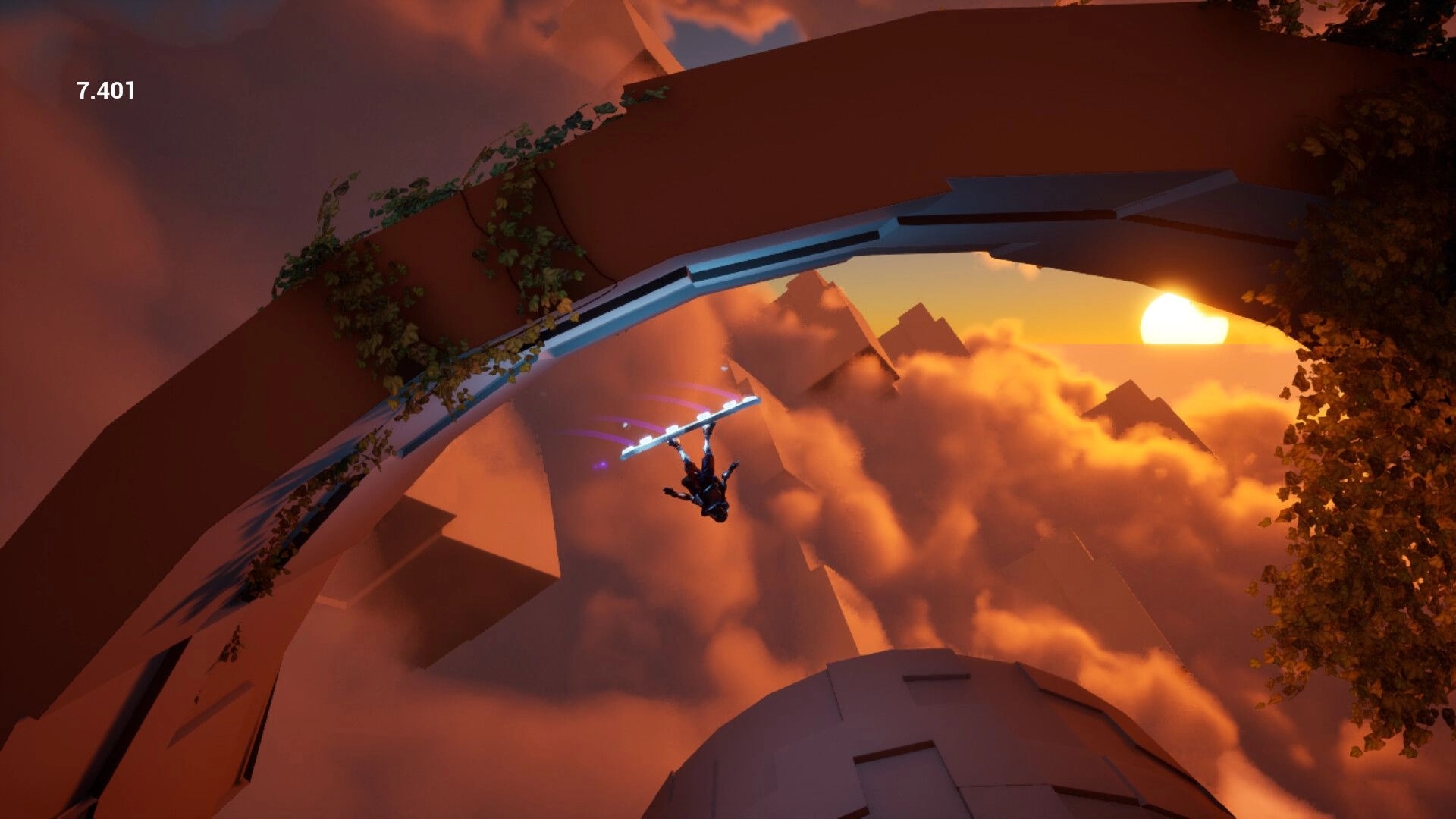 Hovertron: Rider flips under a curved rail above clouds at sunset, timer 7.401 shown top left.