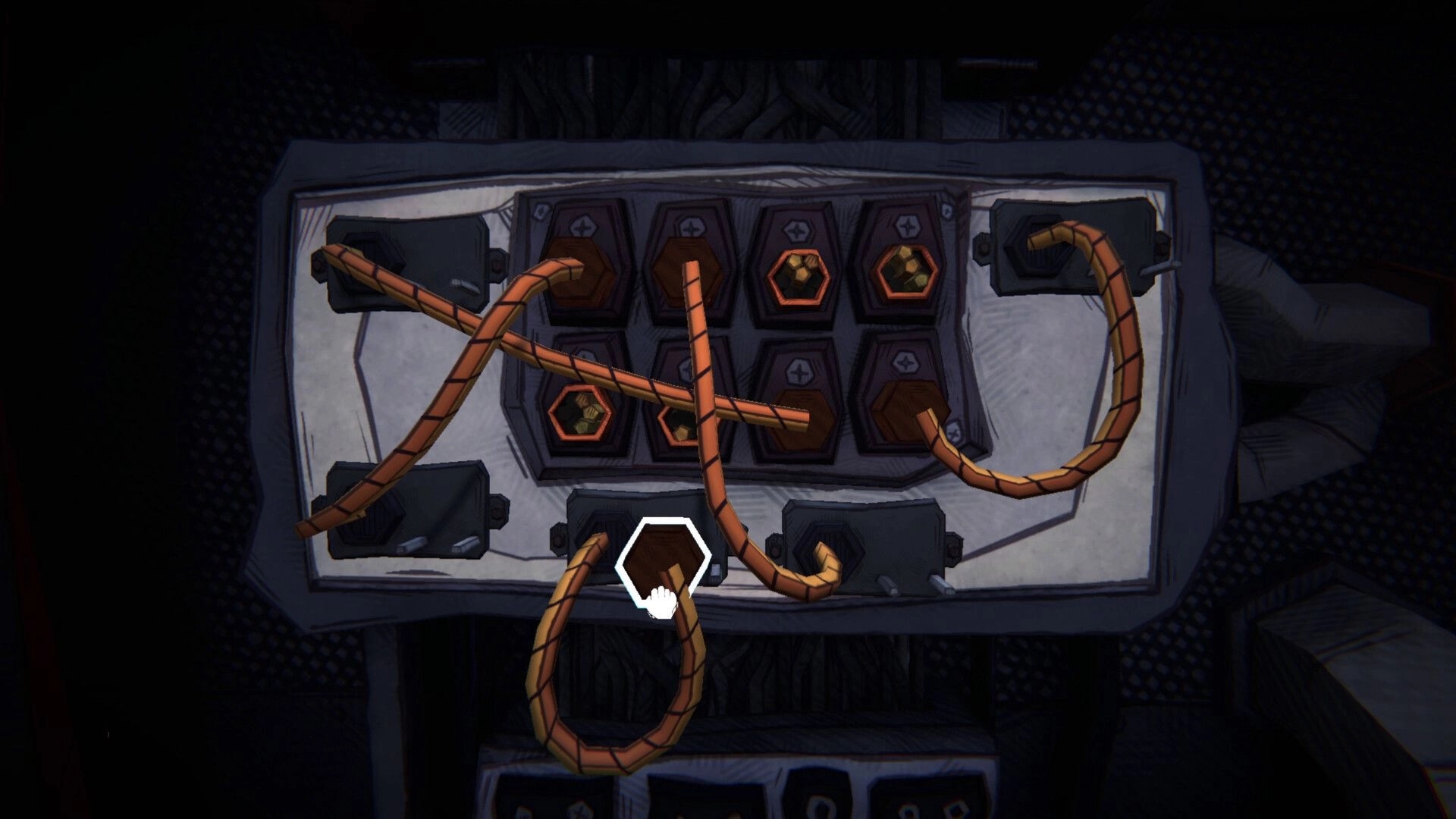 How 2 Escape: Puzzle interface with tangled wires and connectors on submarine control panel
