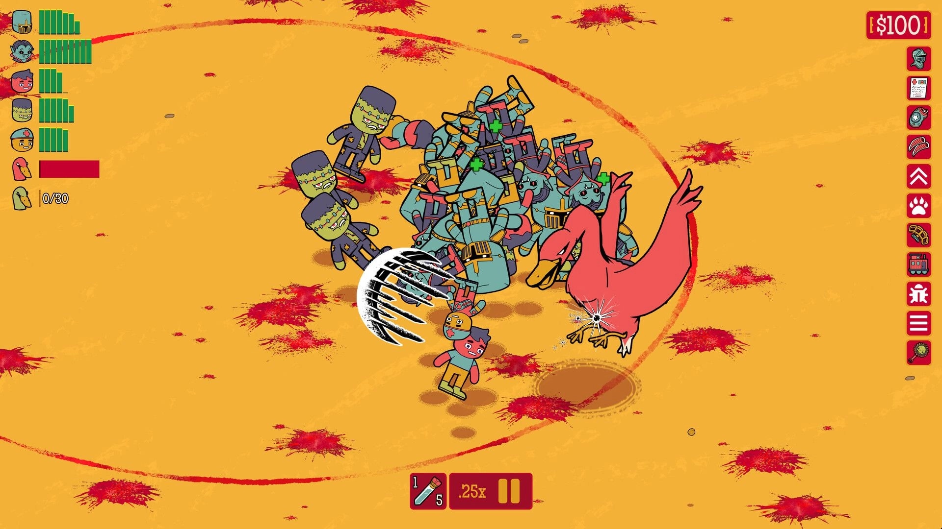 How Many Dudes?: Battle scene with dudes fighting a giant red duck on a blood-spattered arena floor