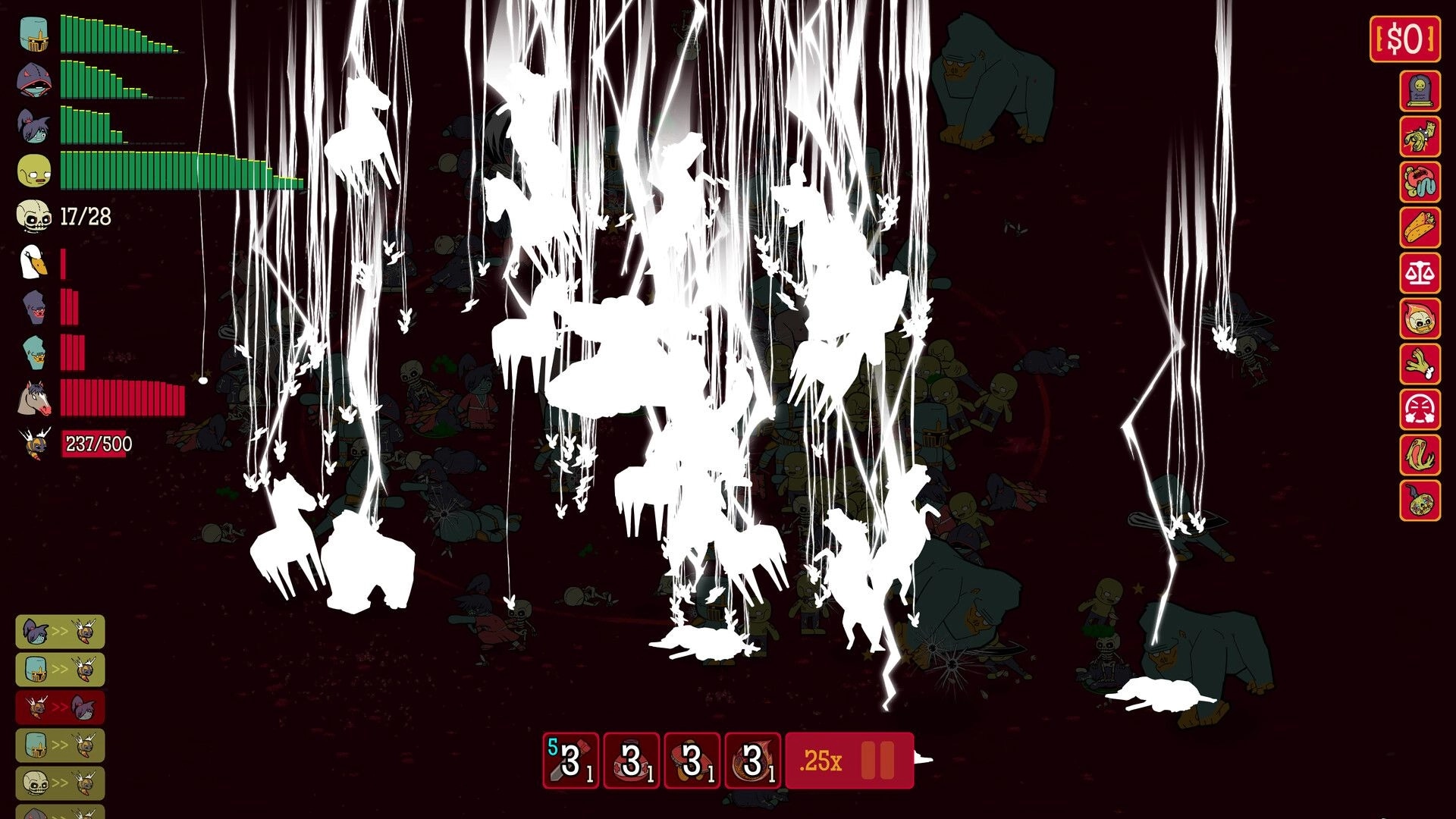 How Many Dudes?: Intense battle scene with dudes and gorillas, health bars, and action icons on display