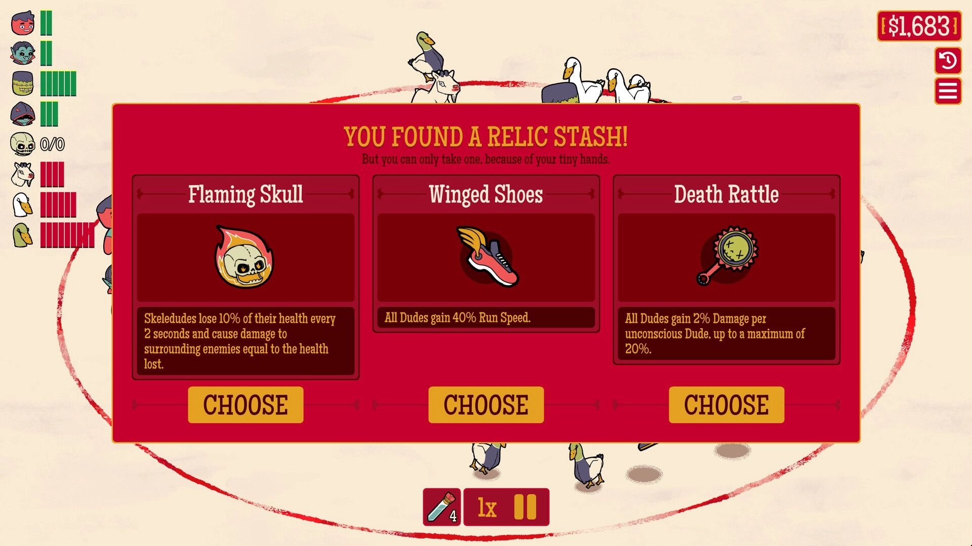 How Many Dudes?: Relic selection menu with options Flaming Skull, Winged Shoes, and Death Rattle