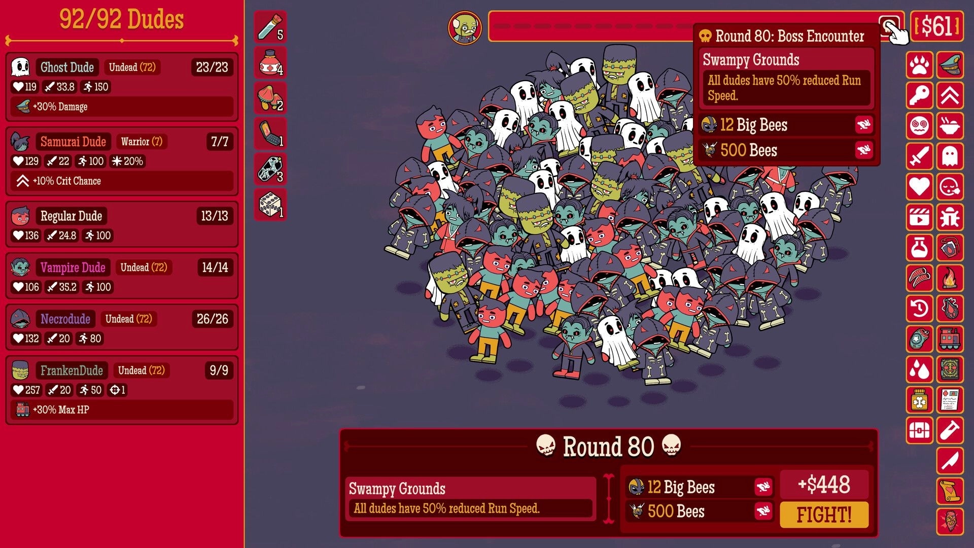 How Many Dudes?: Boss encounter in Swampy Grounds with diverse dude army and reduced run speed debuff