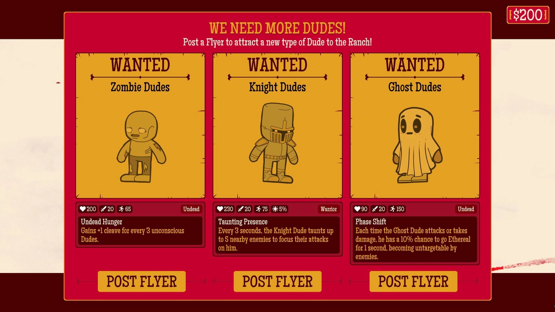 How Many Dudes?: Recruit screen with options for Zombie, Knight, and Ghost Dudes at Dude Ranch