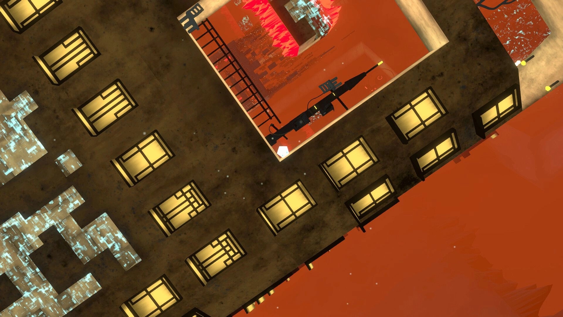 How Old is James?: Rooftop view with digital patterns and a vibrant orange sky in a futuristic cityscape