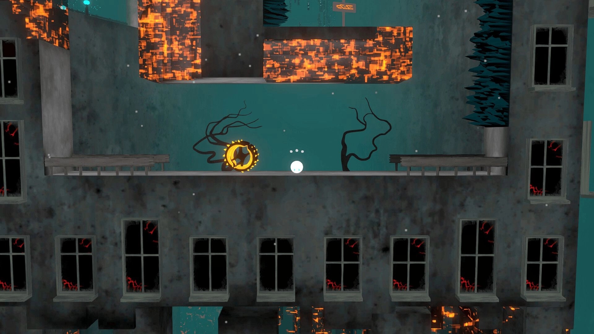 How Old is James?: Sphere character navigating a crumbling building with glowing orange obstacles