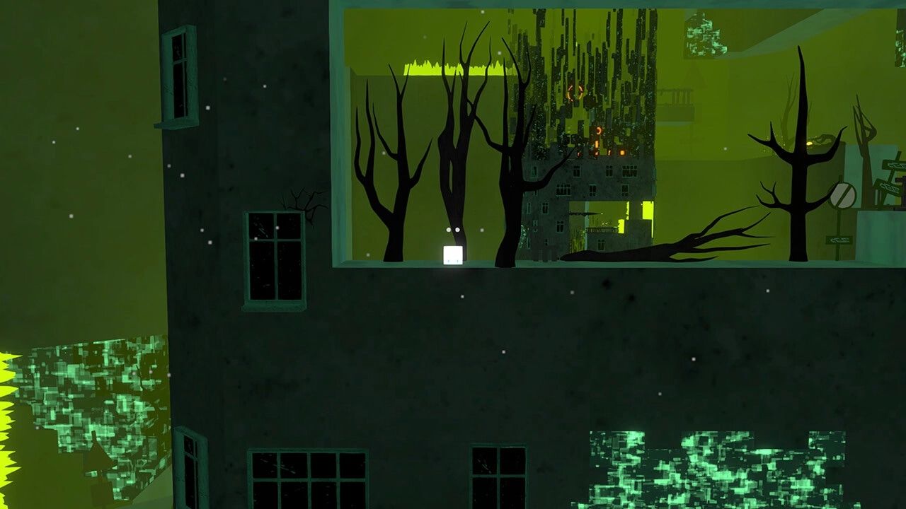 How Old is James?: Cubic character stands among dark trees inside a green-tinted, futuristic building