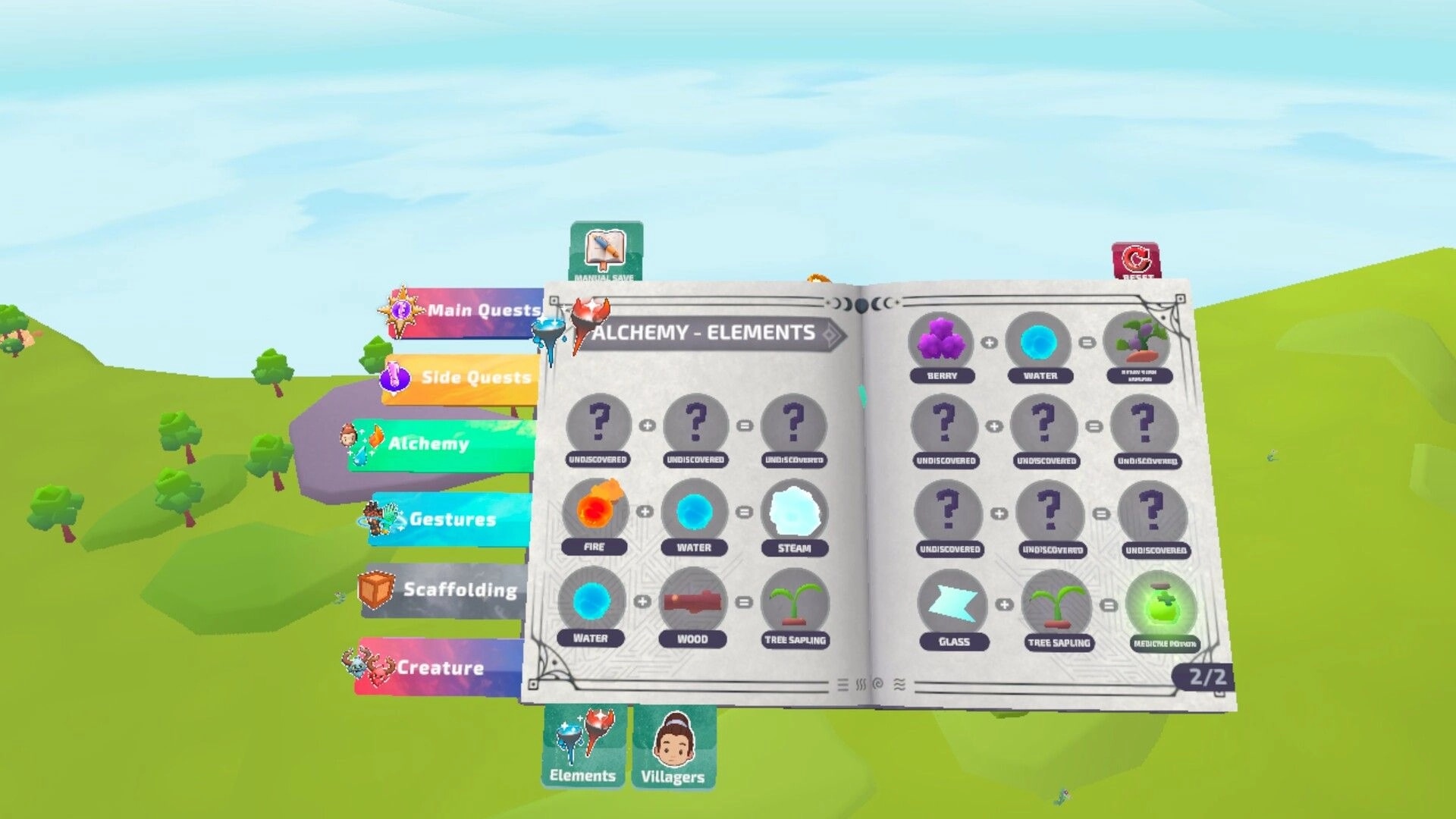 How to God: Alchemy elements recipe book UI over grassy hills with quests menu and element icons.