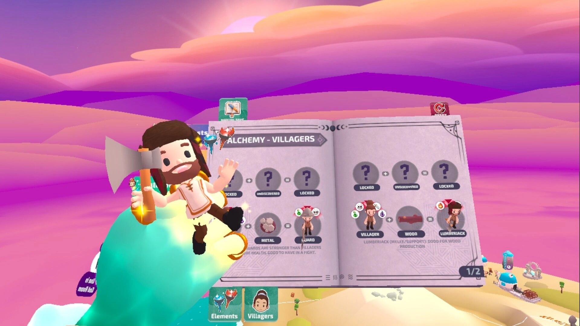 How to God: Alchemy villagers recipe book UI with cartoon axe man floating above pastel clouds.
