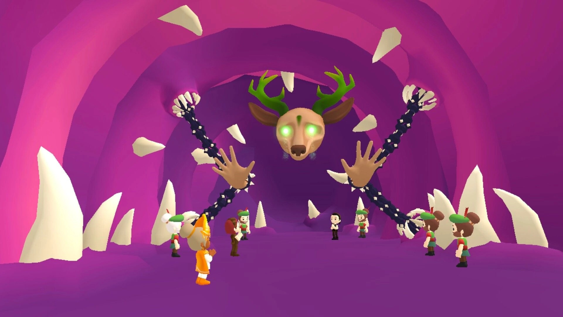 How to God: Villagers face a chained deer skull idol with glowing eyes inside a purple cavern.